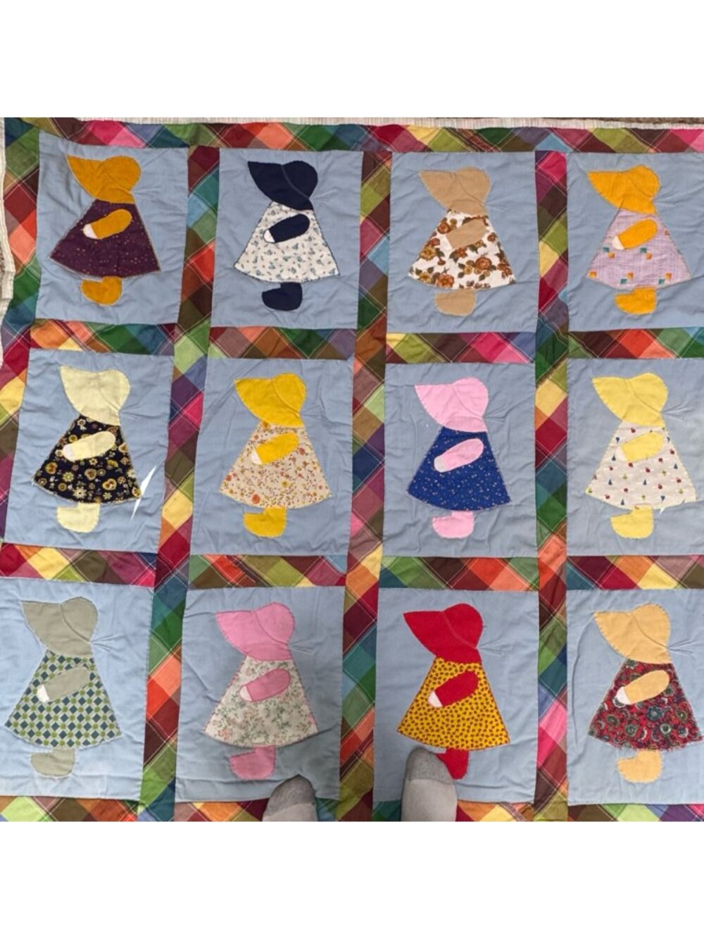 Vintage Handmade Sunbonnet Sue Quilt Throw Blanket Twin Plaid Border 76x54 READ - Picture 3 of 7